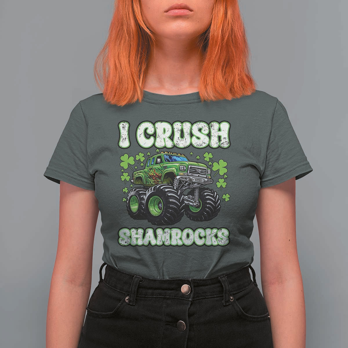 Funny St Patricks Day Monster Truck T Shirt For Women I Crush Shamrocks Retro