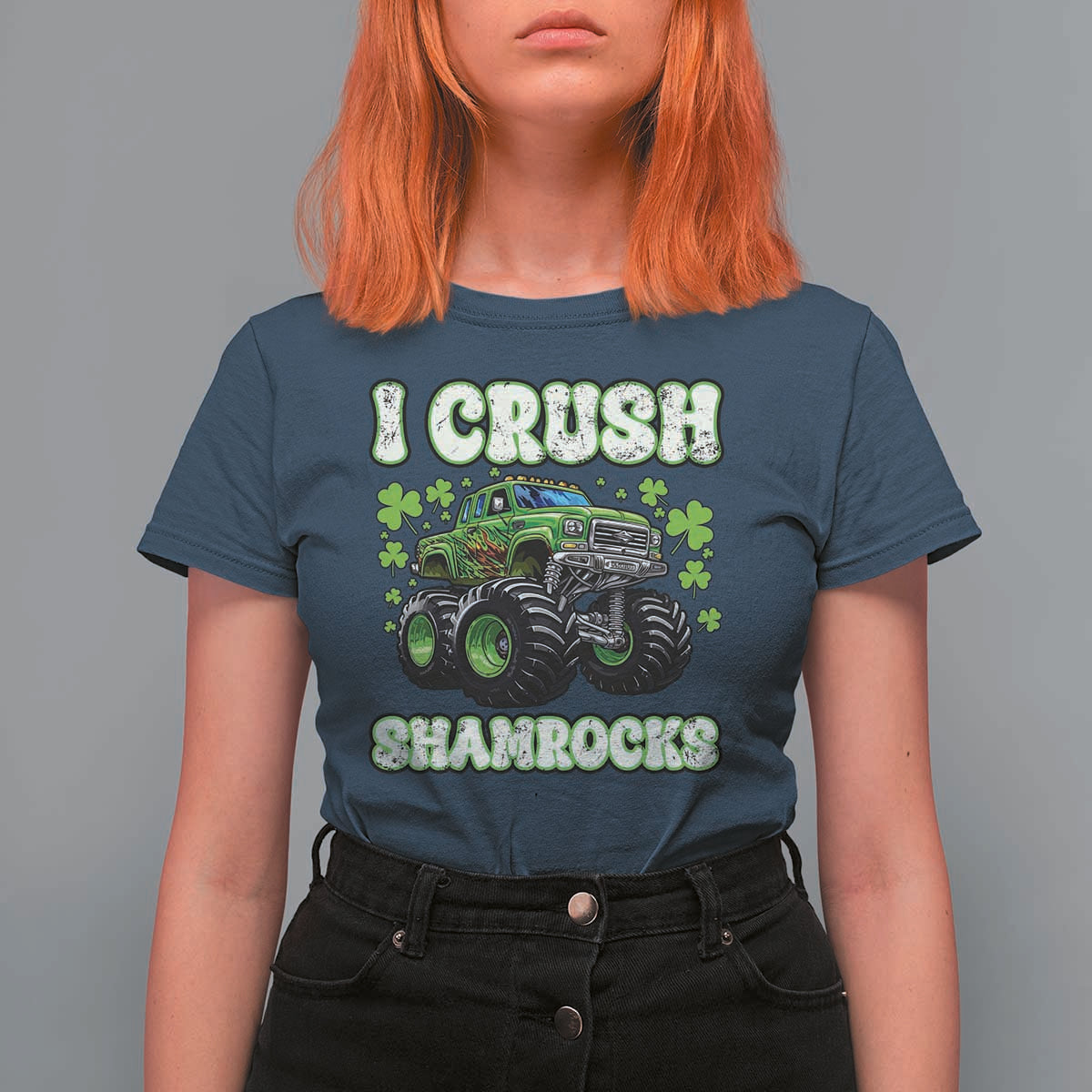 Funny St Patricks Day Monster Truck T Shirt For Women I Crush Shamrocks Retro