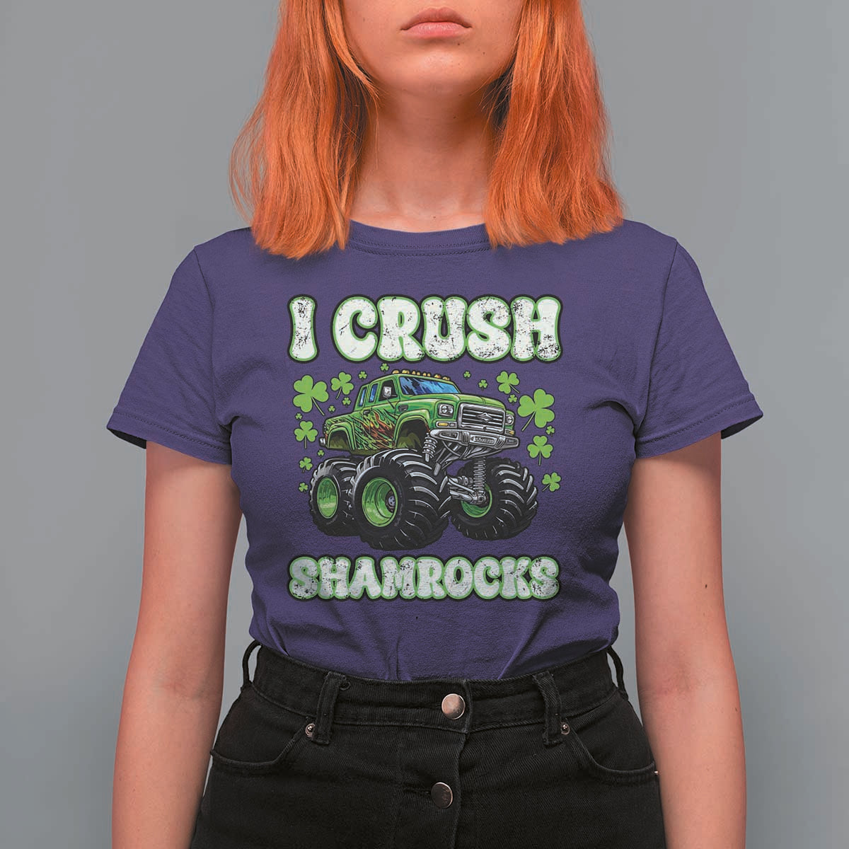 Funny St Patricks Day Monster Truck T Shirt For Women I Crush Shamrocks Retro