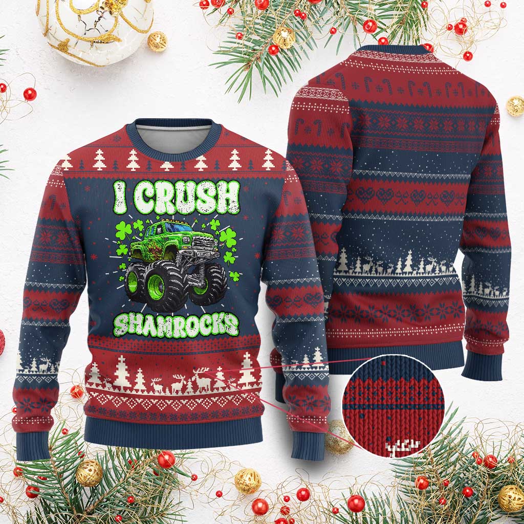 Funny St Patricks Day Monster Truck Knitted Sweatshirt I Crush Shamrocks Retro