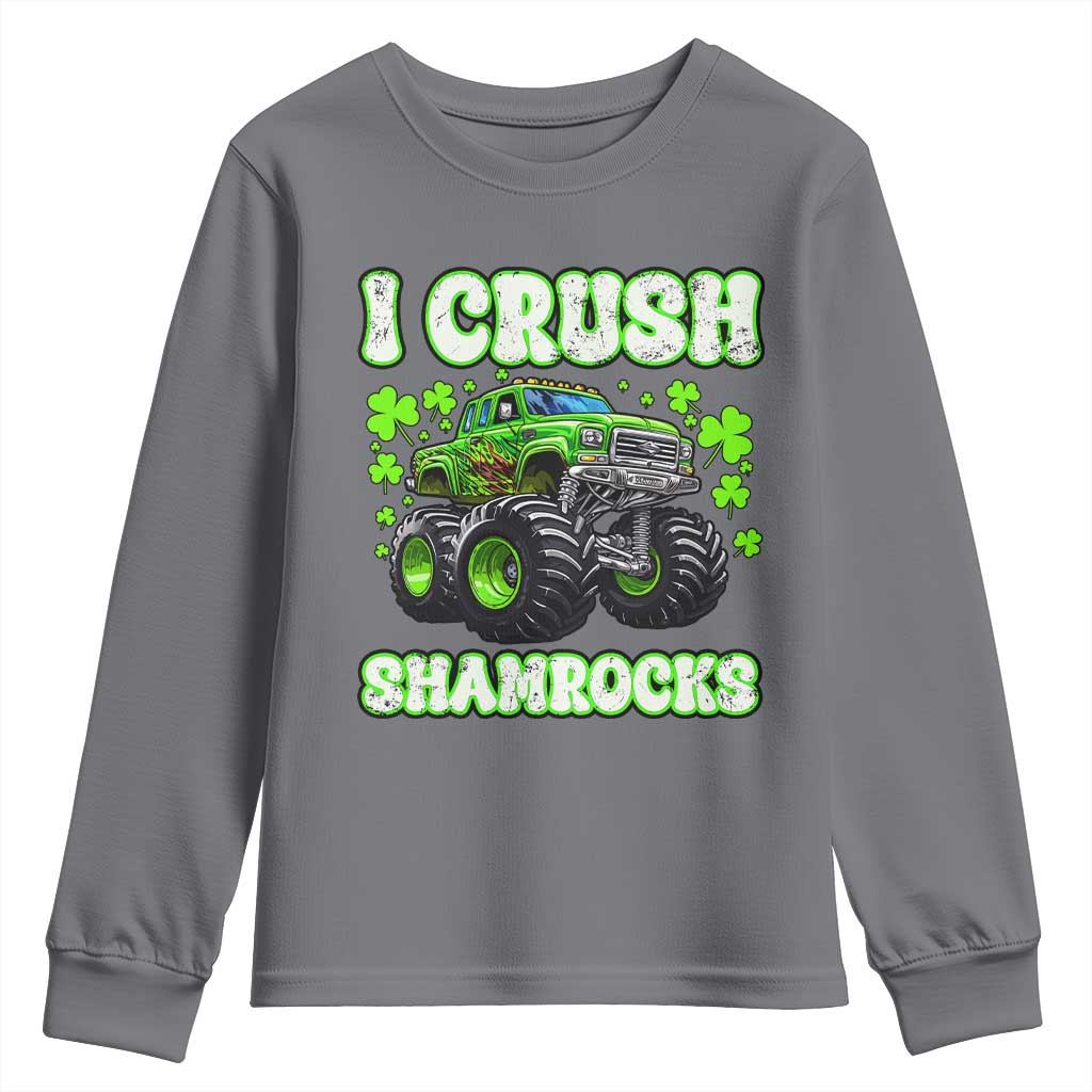 Funny St Patricks Day Monster Truck Youth Sweatshirt I Crush Shamrocks Retro