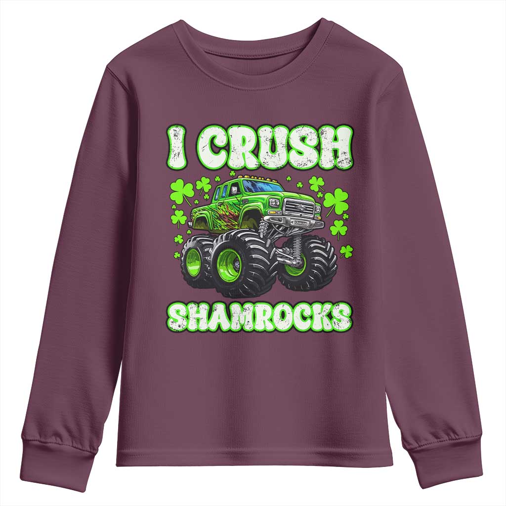 Funny St Patricks Day Monster Truck Youth Sweatshirt I Crush Shamrocks Retro