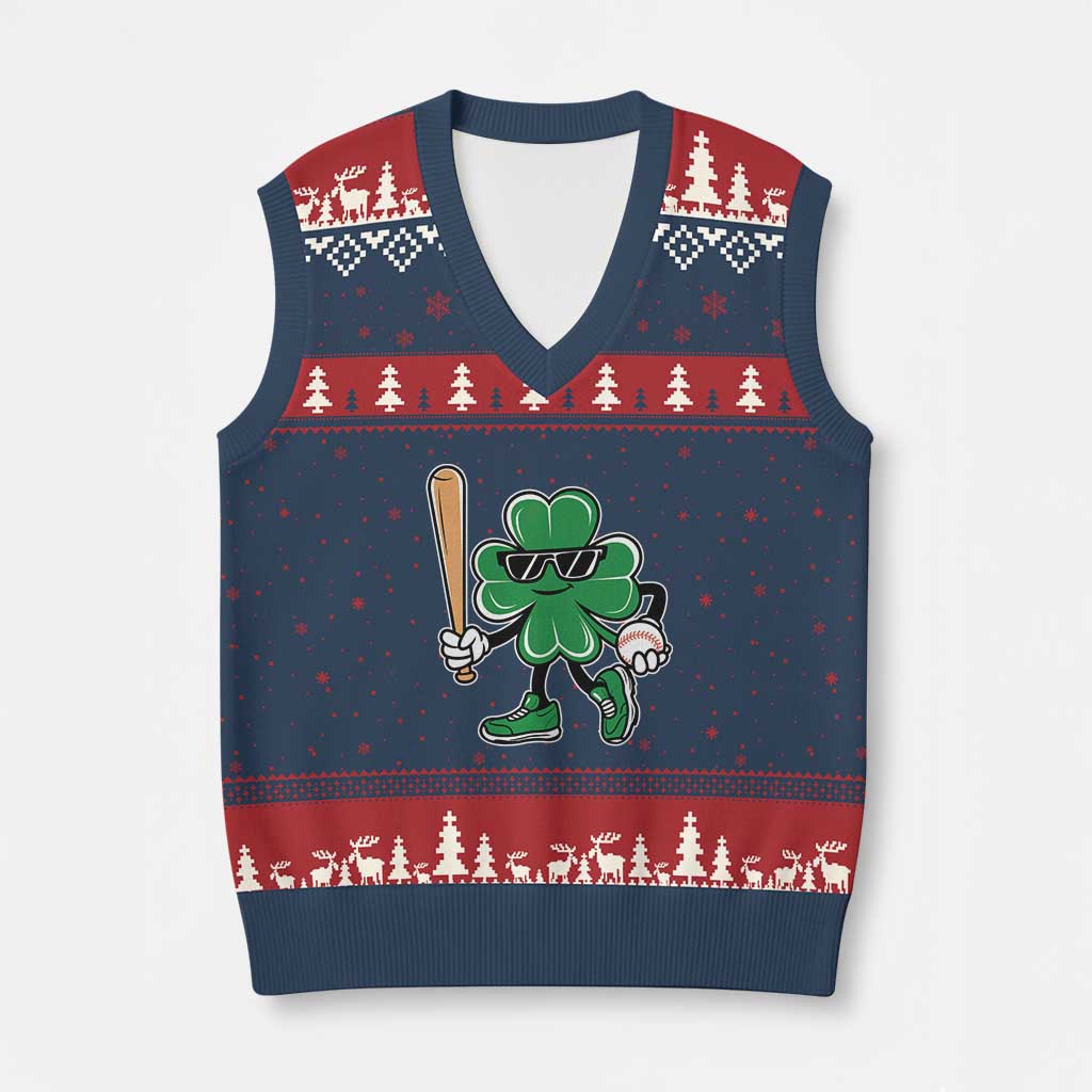 Lucky Baseball Shamrock V-Neck Knit Sweater Vest St Patrick's Day T-Ball Sport Lover Gift - Wonder Print Shop