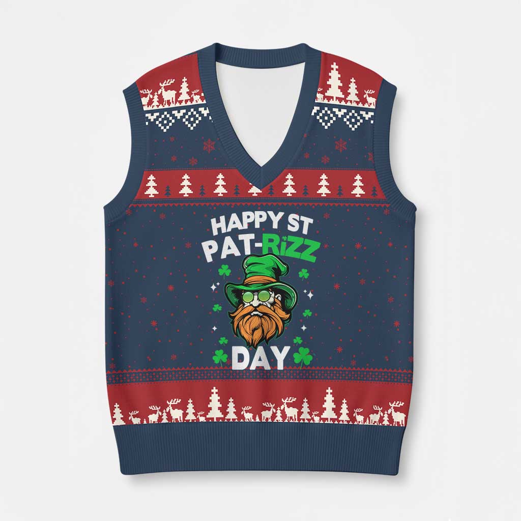Happy St Pat Rizz Day V-Neck Knit Sweater Vest Funny St. Patrick's Day Leprechaun - Wonder Print Shop