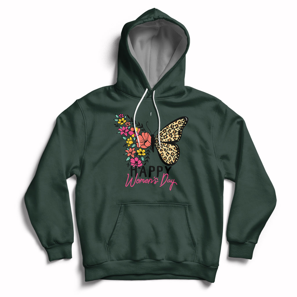 Women's forest green butterfly graphic hoodie with hood, drawstrings, and kangaroo pocket.