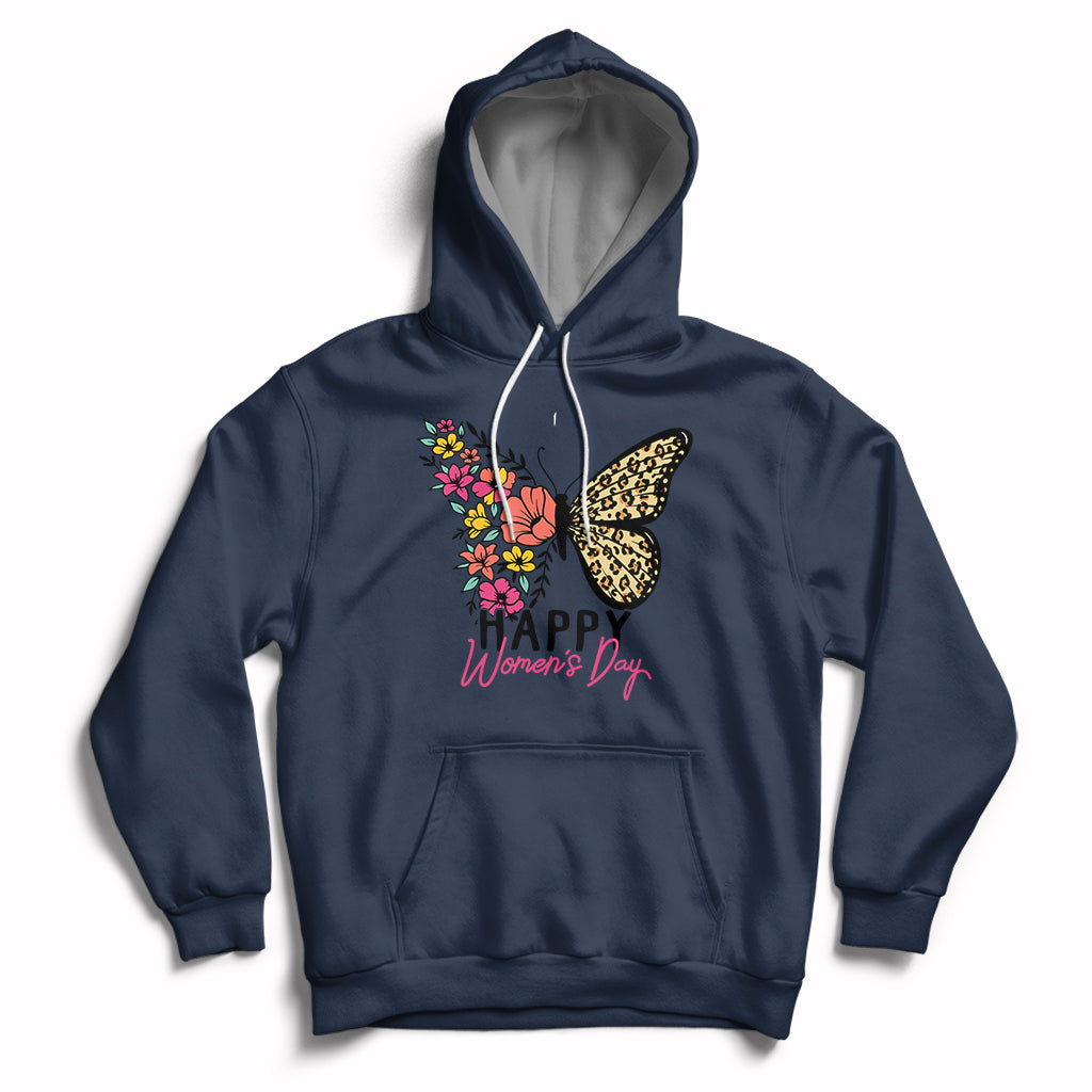 Women's navy butterfly graphic hoodie with hood, drawstrings, and kangaroo pocket.