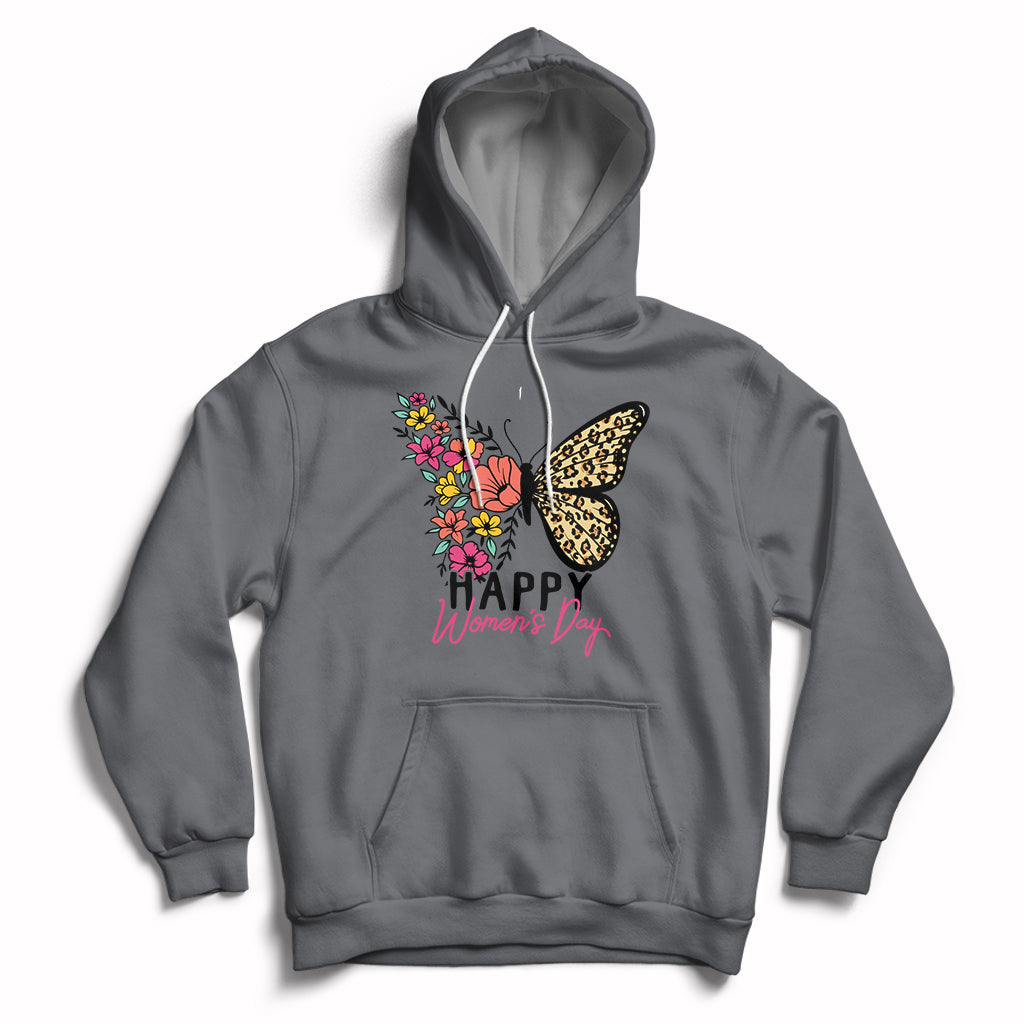 Women's charcoal butterfly graphic hoodie with hood, drawstrings, and kangaroo pocket.