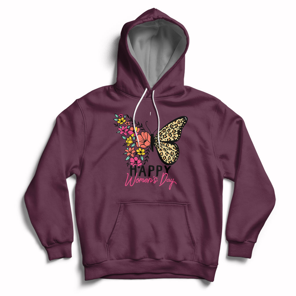 Women's maroon butterfly graphic hoodie with hood, drawstrings, and kangaroo pocket.