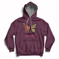 Women's maroon butterfly graphic hoodie with hood, drawstrings, and kangaroo pocket.