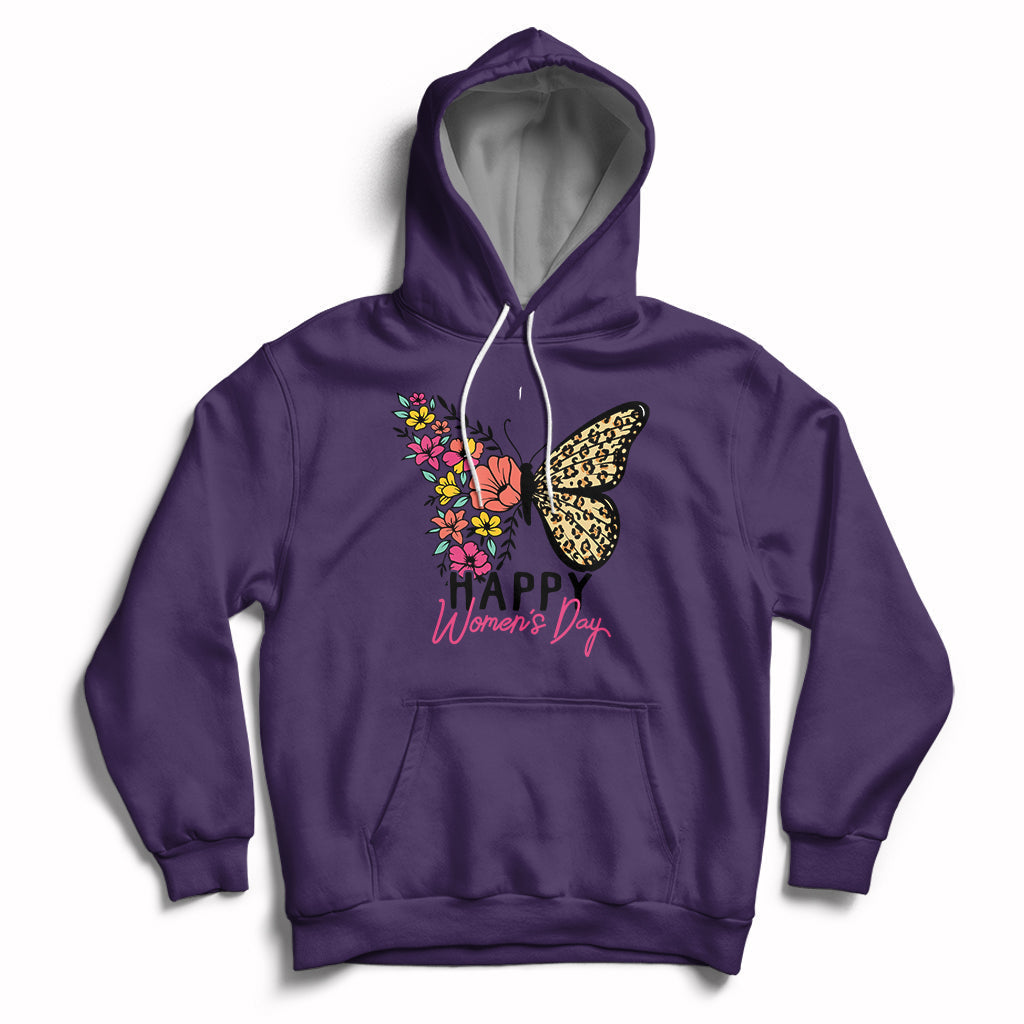 Women's purple butterfly graphic hoodie with hood, drawstrings, and kangaroo pocket.