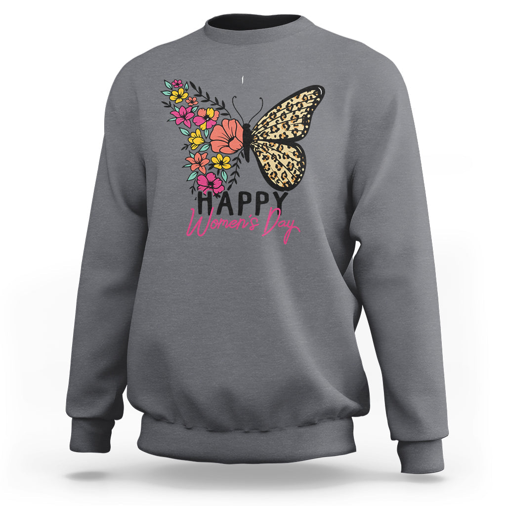 Charcoal gray women's crewneck sweatshirt with butterfly and floral 'Happy Women's Day' print.