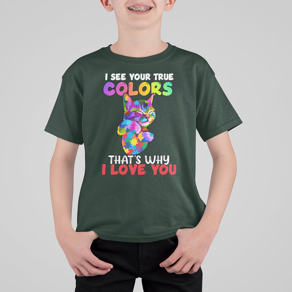 Autism Awareness Acceptance I See Your True Colors Cute Cat Kid T-Shirt - Wonder Print Shop
