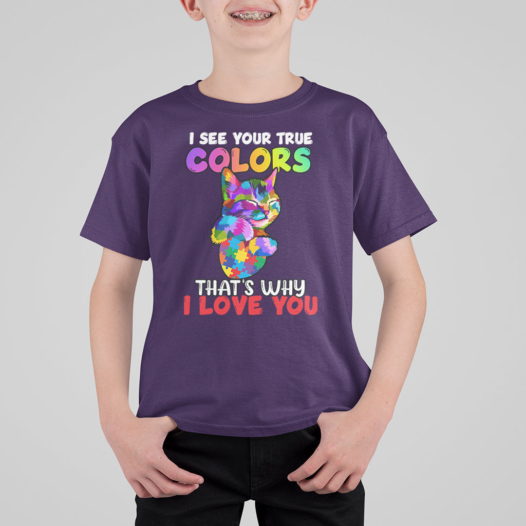 Autism Awareness Acceptance I See Your True Colors Cute Cat Kid T-Shirt - Wonder Print Shop