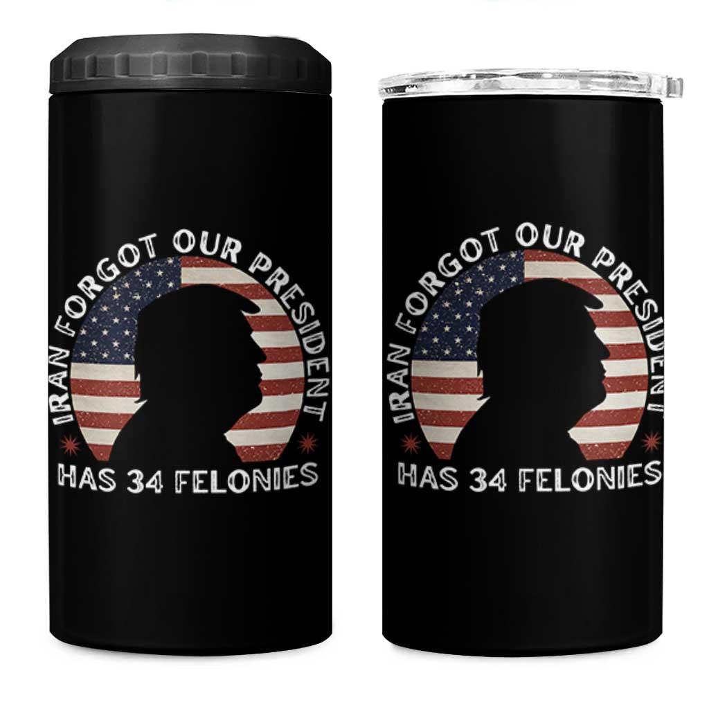 Iran Forgot Our President Has 34 Felonies 4 in 1 Can Cooler Tumbler Funny Political Satire Patriotic