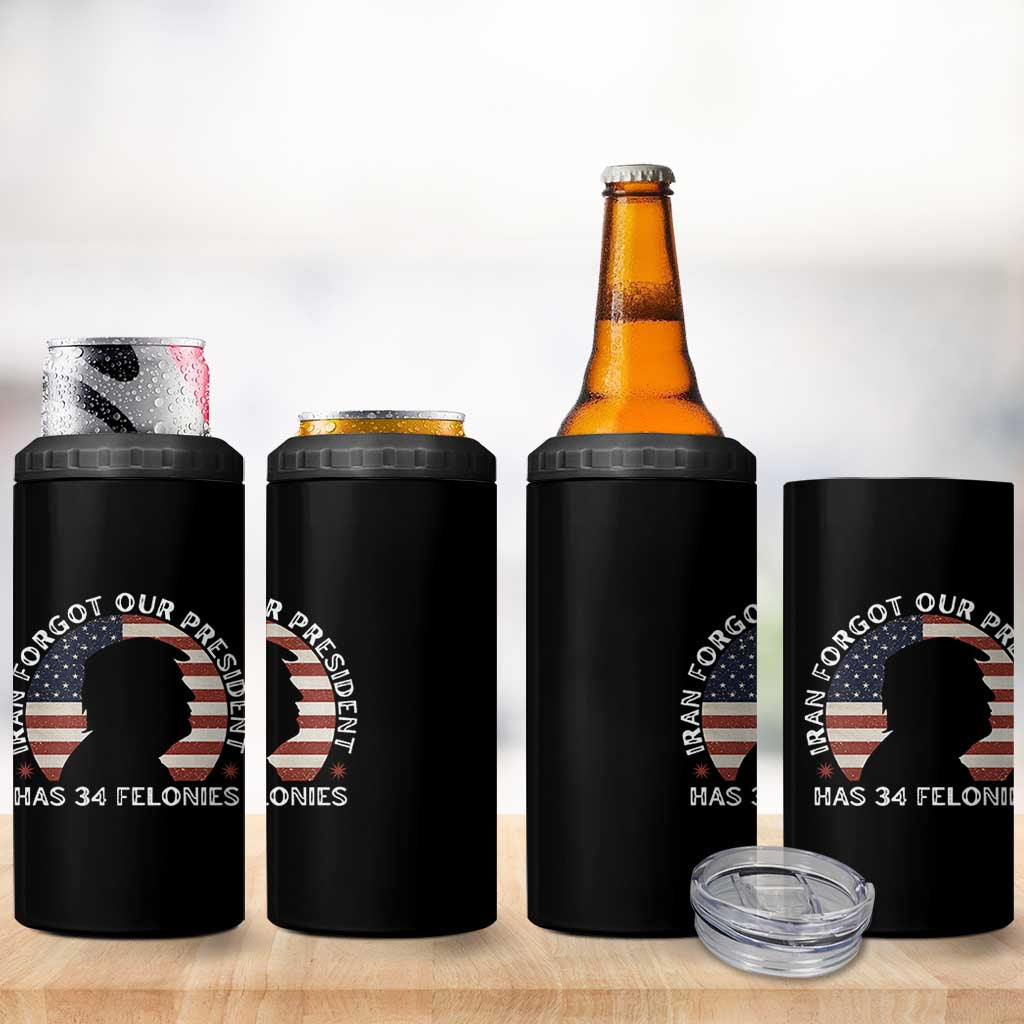 Iran Forgot Our President Has 34 Felonies 4 in 1 Can Cooler Tumbler Funny Political Satire Patriotic