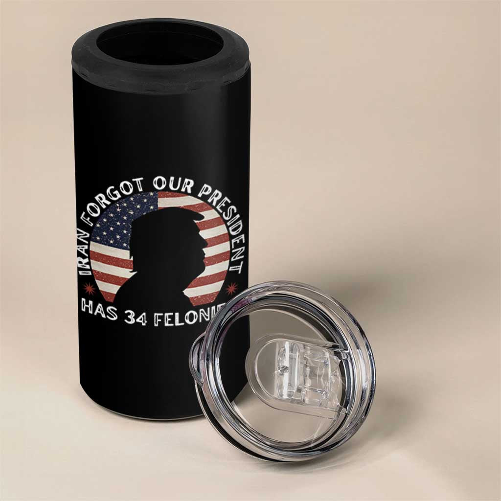 Iran Forgot Our President Has 34 Felonies 4 in 1 Can Cooler Tumbler Funny Political Satire Patriotic