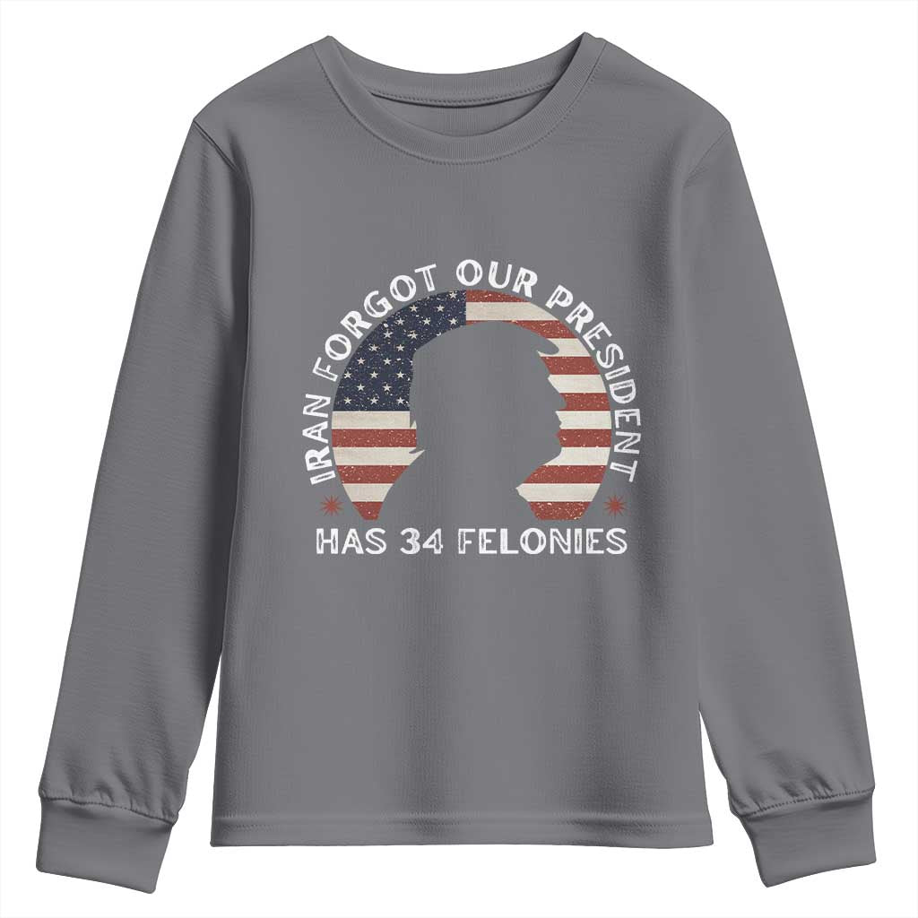 Iran Forgot Our President Has 34 Felonies Youth Sweatshirt Funny Political Satire Patriotic