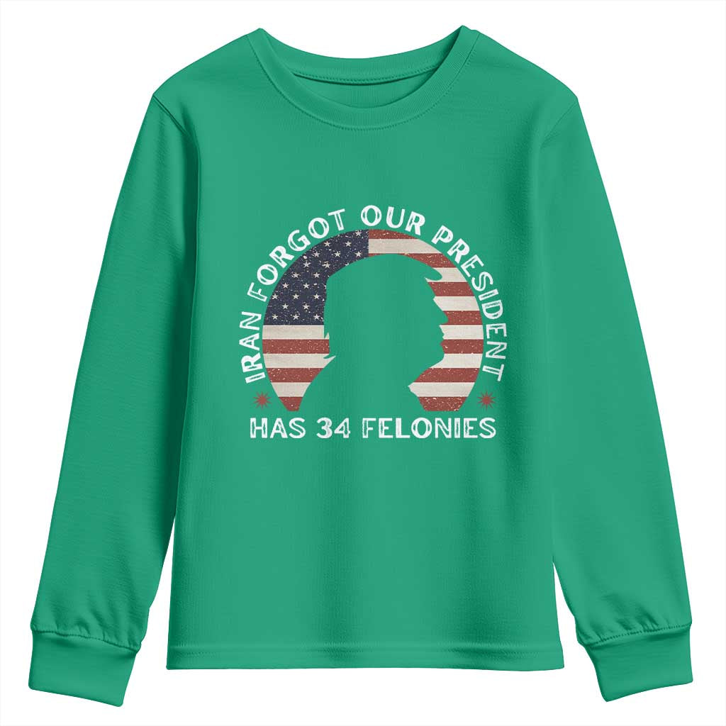 Iran Forgot Our President Has 34 Felonies Youth Sweatshirt Funny Political Satire Patriotic