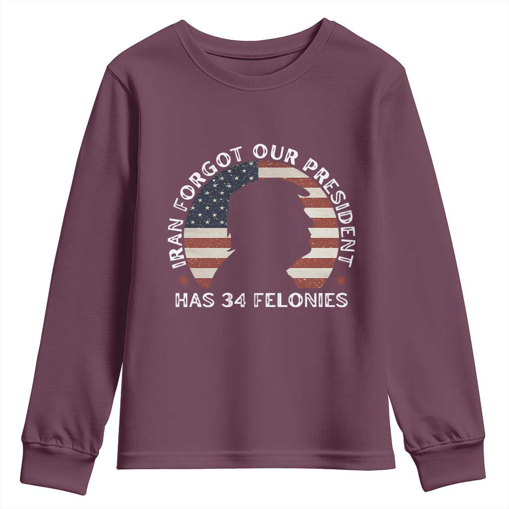 Iran Forgot Our President Has 34 Felonies Youth Sweatshirt Funny Political Satire Patriotic