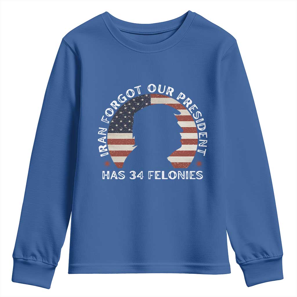 Iran Forgot Our President Has 34 Felonies Youth Sweatshirt Funny Political Satire Patriotic