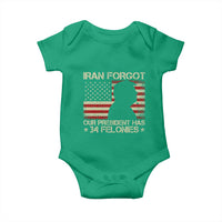 Iran Forgot Our President Has 34 Felonies Baby Onesie Funny Political Satire Patriotic Flag