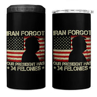 Iran Forgot Our President Has 34 Felonies 4 in 1 Can Cooler Tumbler Funny Political Satire Patriotic Flag