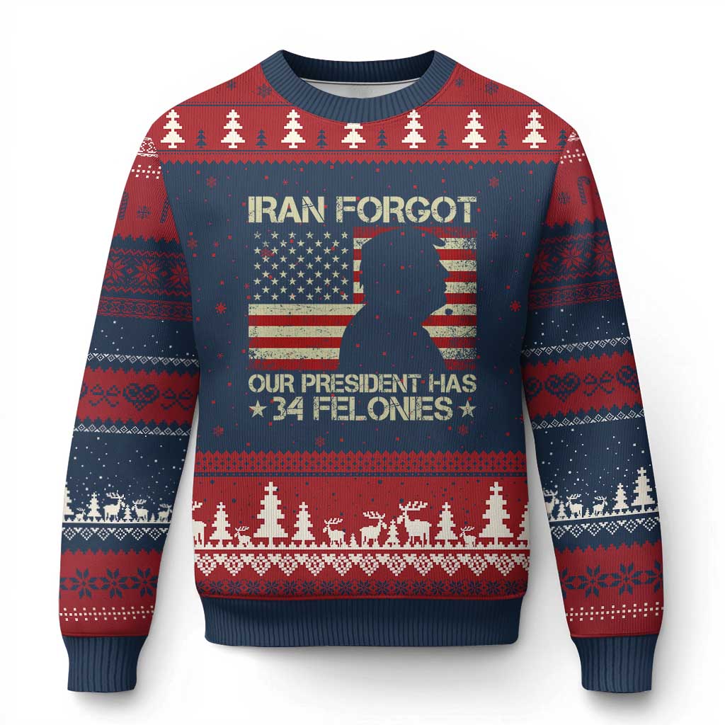 Iran Forgot Our President Has 34 Felonies Ugly Christmas Sweater Funny Political Satire Patriotic Flag