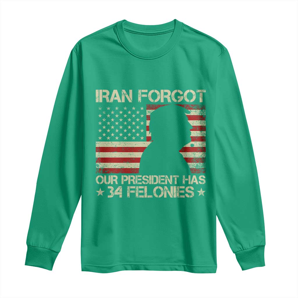 Iran Forgot Our President Has 34 Felonies Long Sleeve Shirt Funny Political Satire Patriotic Flag