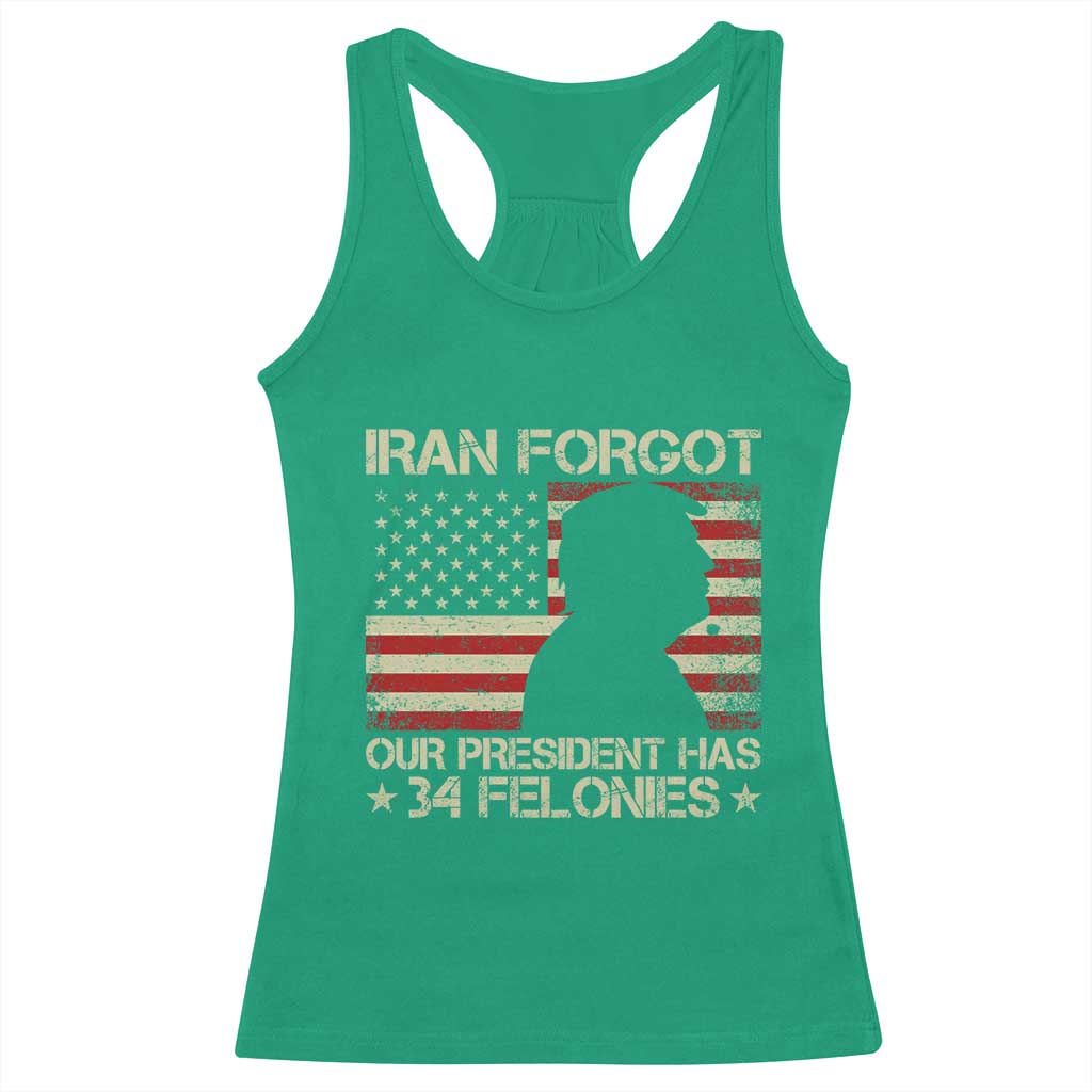 Iran Forgot Our President Has 34 Felonies Racerback Tank Top Funny Political Satire Patriotic Flag