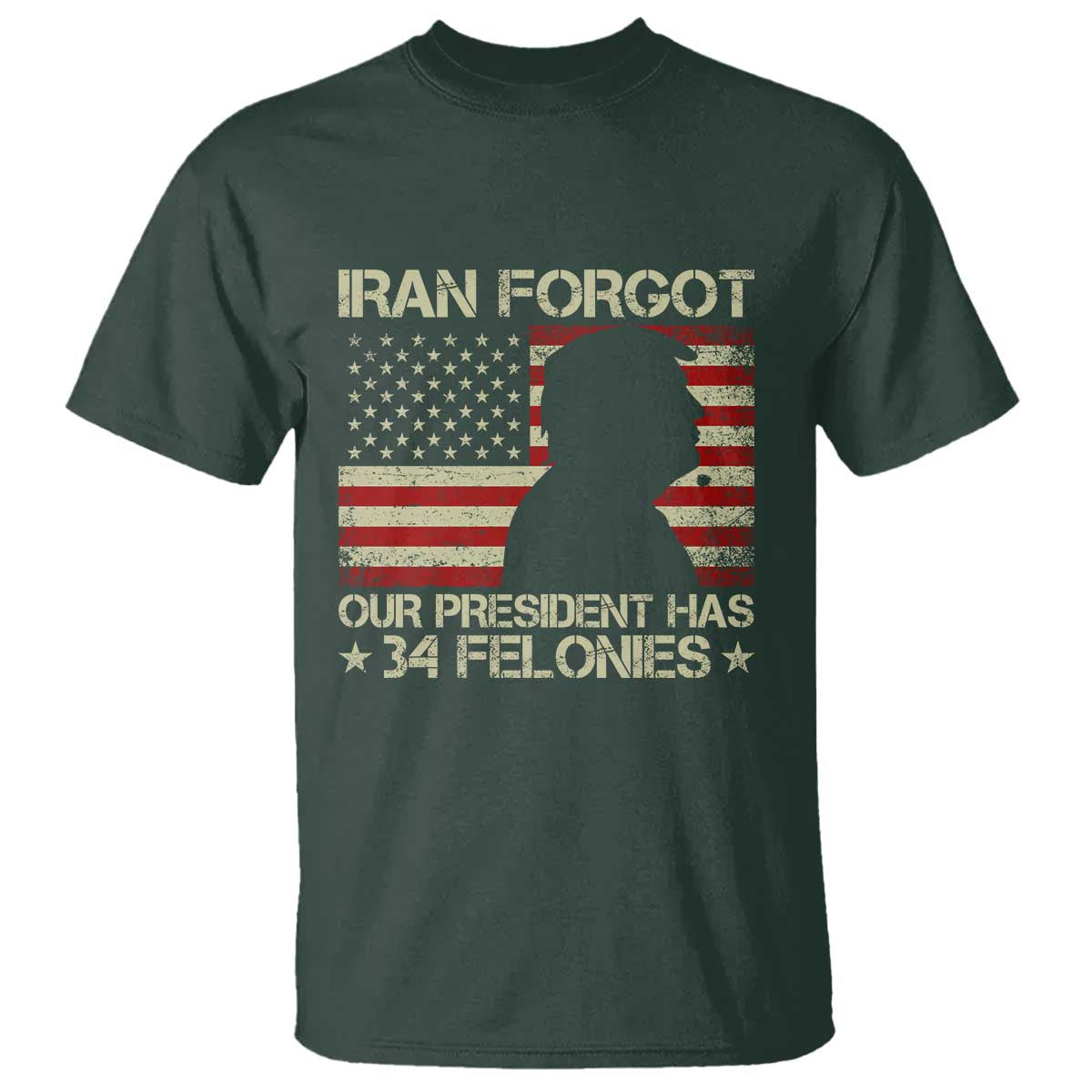 Iran Forgot Our President Has 34 Felonies T Shirt Funny Political Satire Patriotic Flag