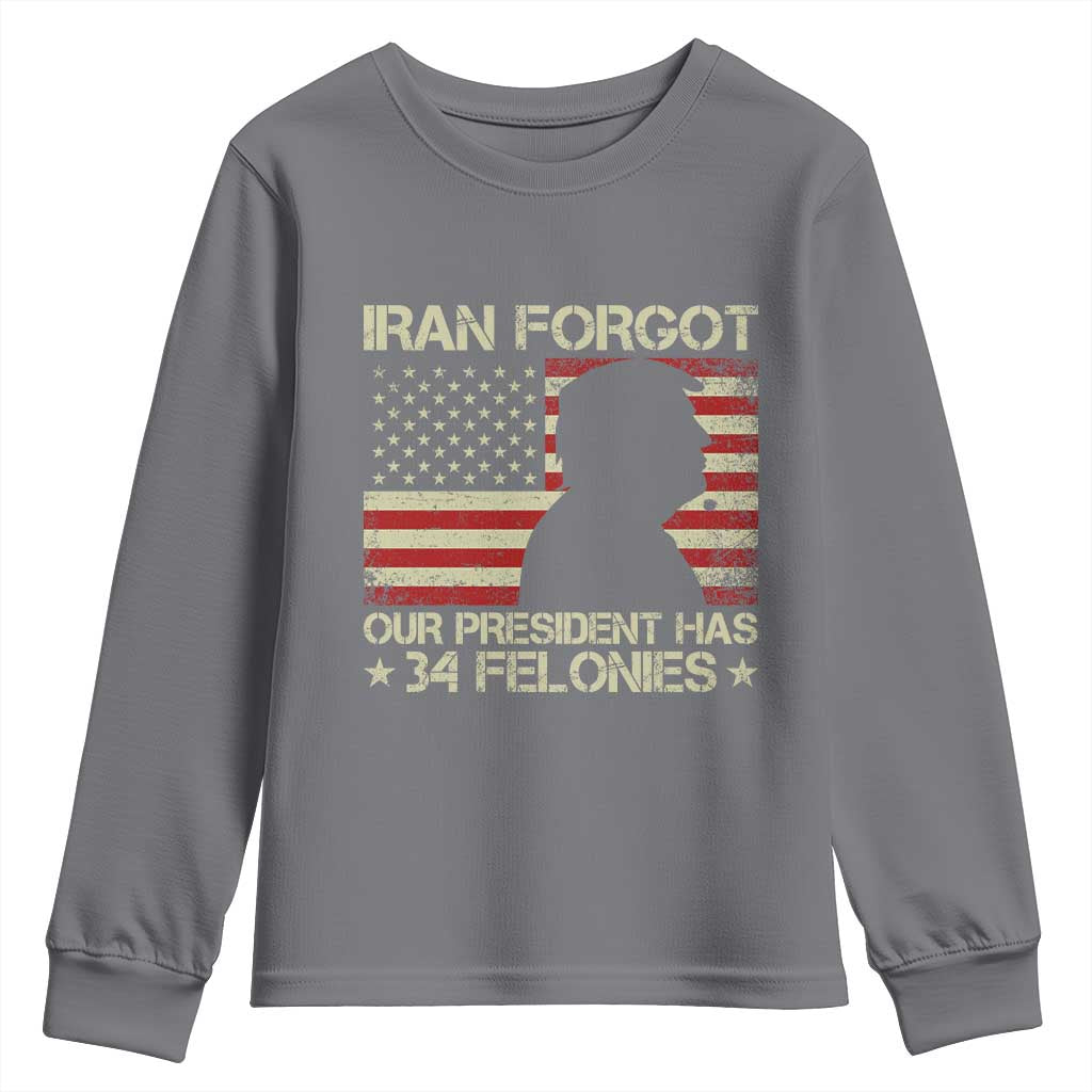 Iran Forgot Our President Has 34 Felonies Youth Sweatshirt Funny Political Satire Patriotic Flag