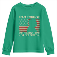 Iran Forgot Our President Has 34 Felonies Youth Sweatshirt Funny Political Satire Patriotic Flag