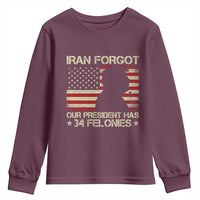 Iran Forgot Our President Has 34 Felonies Youth Sweatshirt Funny Political Satire Patriotic Flag