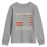 Iran Forgot Our President Has 34 Felonies Youth Sweatshirt Funny Political Satire Patriotic Flag