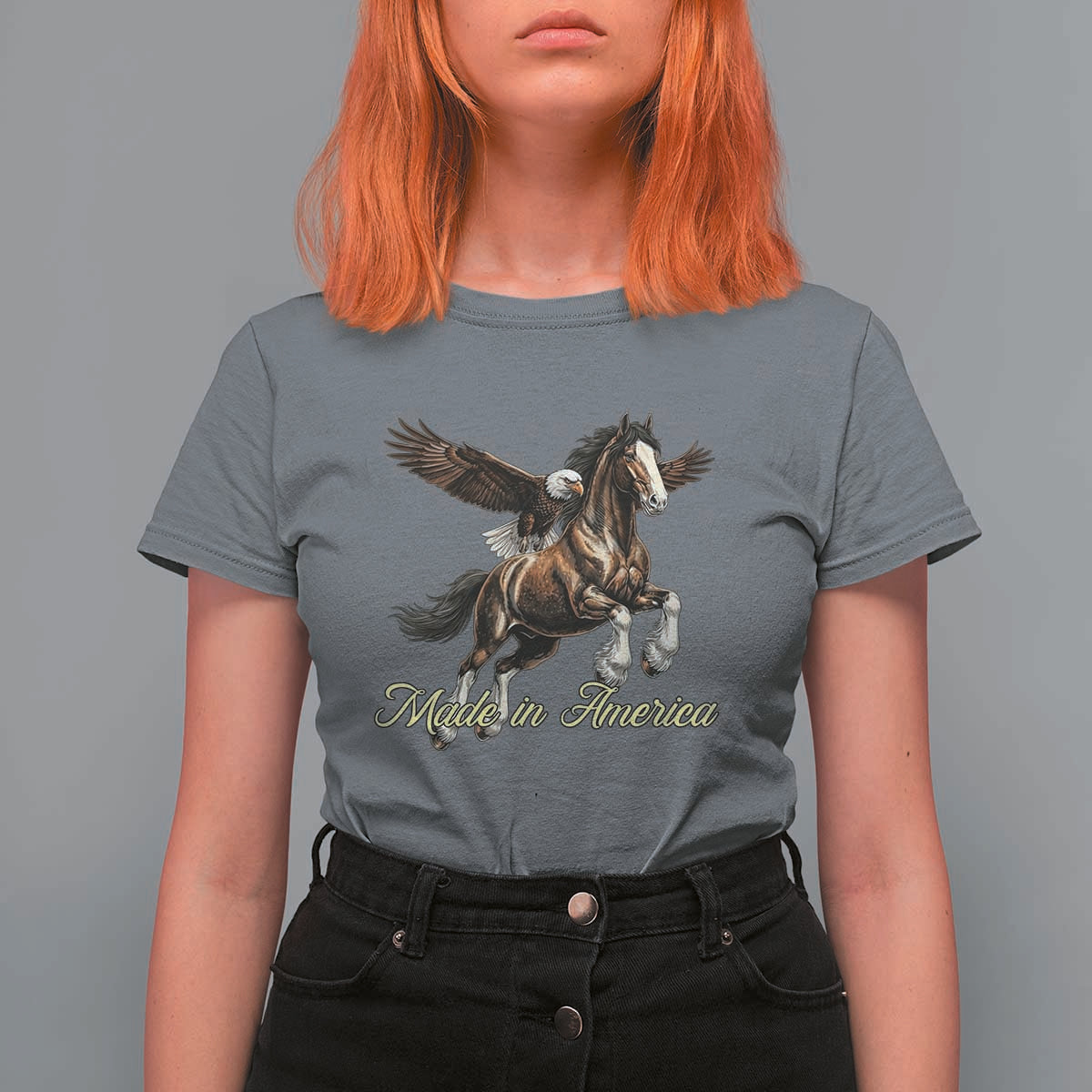 Made in America Patriotic Eagle and Horse T Shirt For Women Strong American Pride Western Style