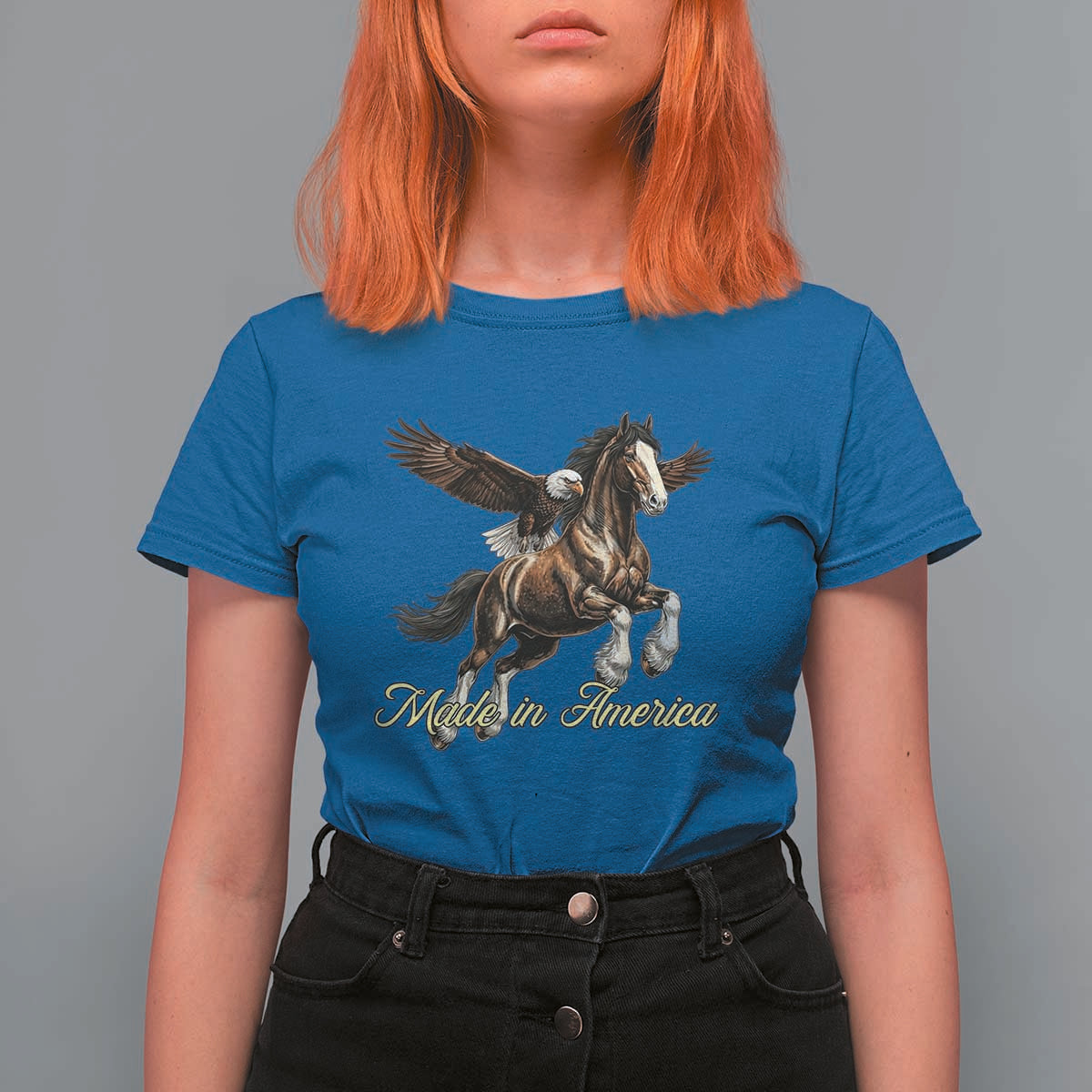 Made in America Patriotic Eagle and Horse T Shirt For Women Strong American Pride Western Style