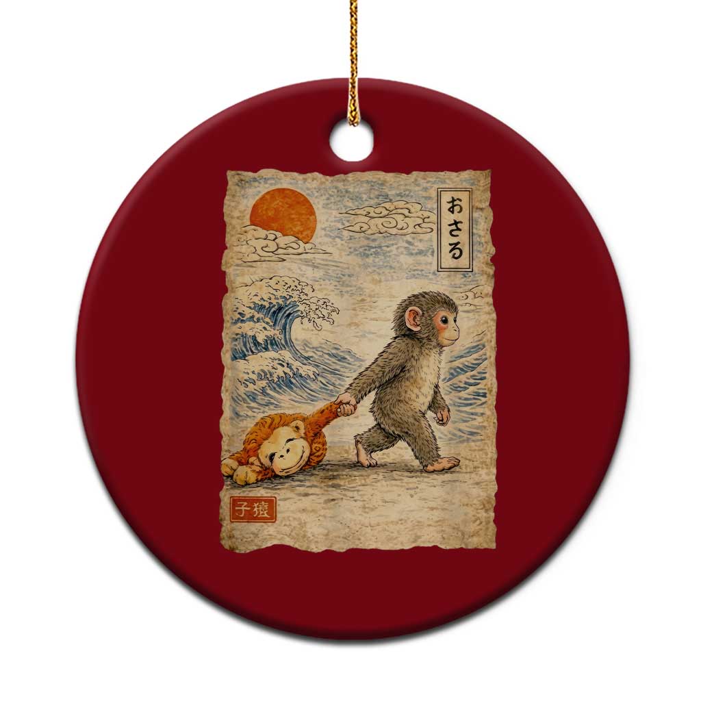 Baby Punch the Monkey Japanese Style Graphic Ceramic Ornament Dragging Plush Toy Vintage Art Gift