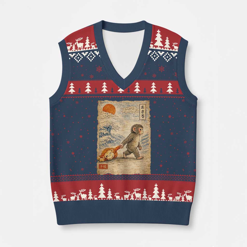 Baby Punch the Monkey Japanese Style Graphic V-Neck Knit Sweater Vest Dragging Plush Toy Vintage Art Gift