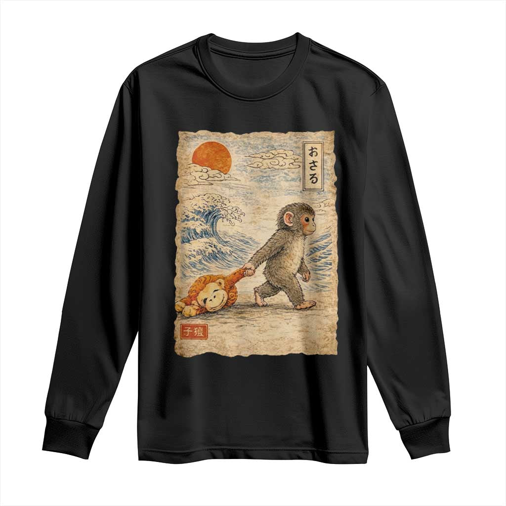 Baby Punch the Monkey Japanese Style Graphic Long Sleeve Shirt Dragging Plush Toy Vintage Art Gift