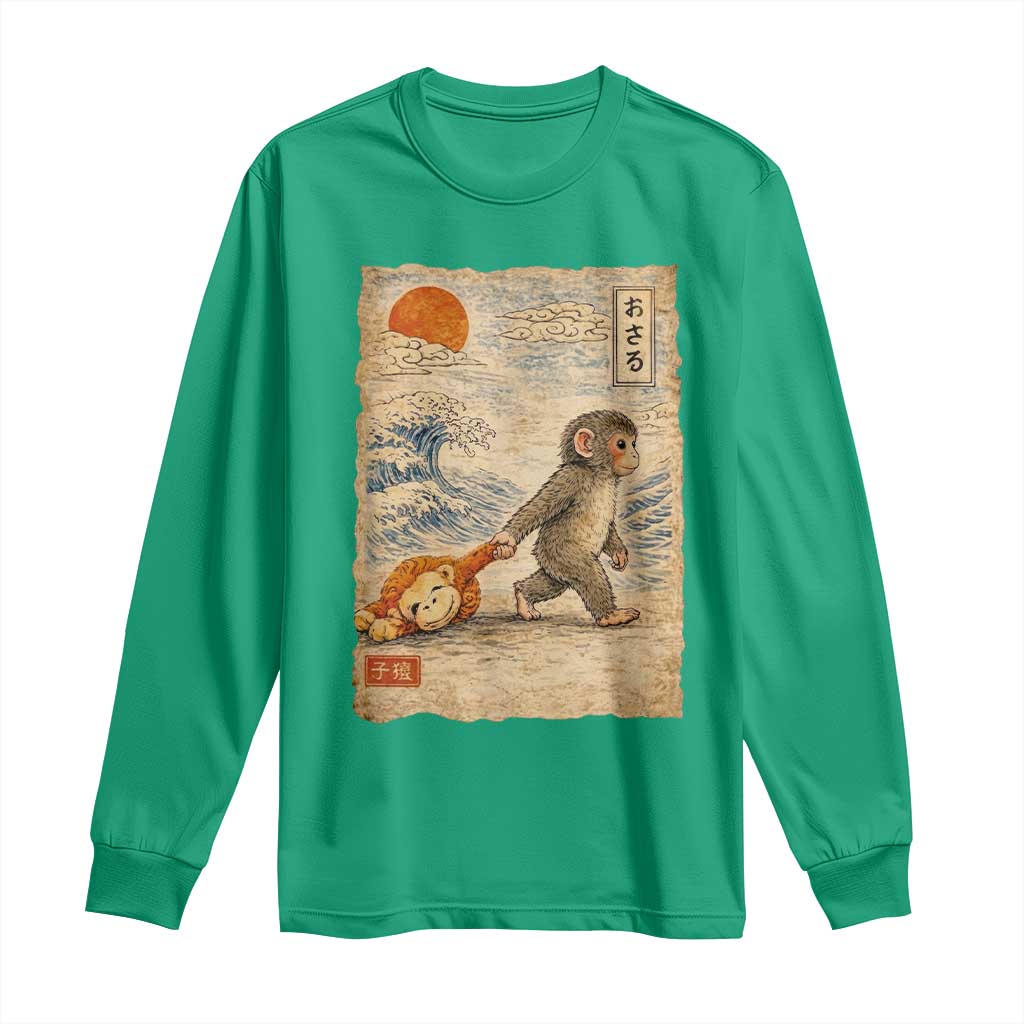 Baby Punch the Monkey Japanese Style Graphic Long Sleeve Shirt Dragging Plush Toy Vintage Art Gift