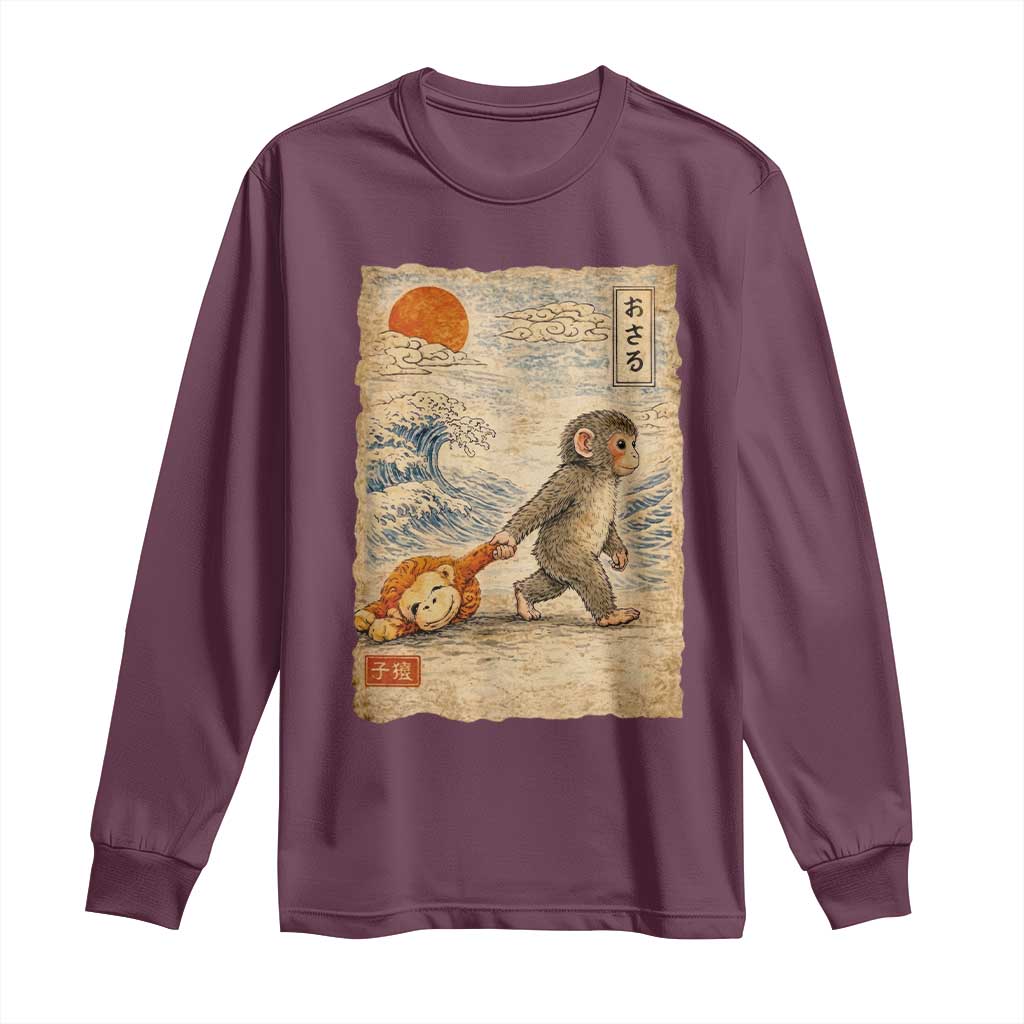 Baby Punch the Monkey Japanese Style Graphic Long Sleeve Shirt Dragging Plush Toy Vintage Art Gift