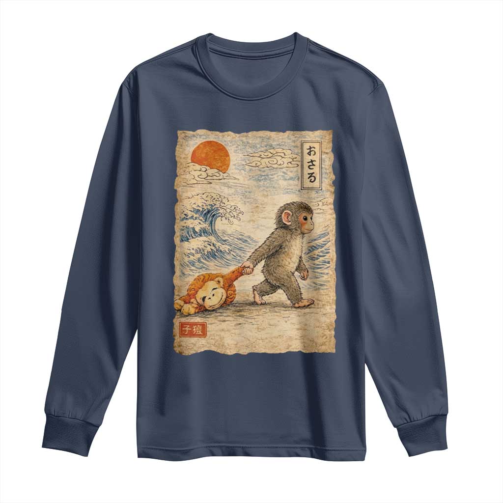 Baby Punch the Monkey Japanese Style Graphic Long Sleeve Shirt Dragging Plush Toy Vintage Art Gift