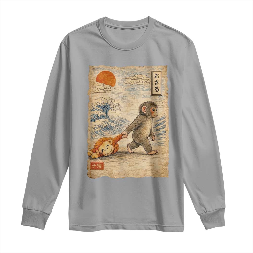 Baby Punch the Monkey Japanese Style Graphic Long Sleeve Shirt Dragging Plush Toy Vintage Art Gift