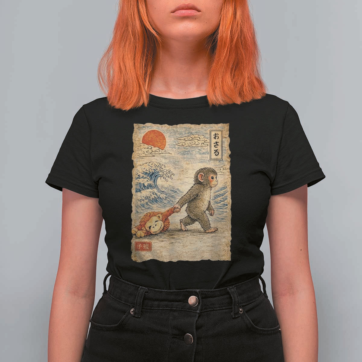 Baby Punch the Monkey Japanese Style Graphic T Shirt For Women Dragging Plush Toy Vintage Art Gift