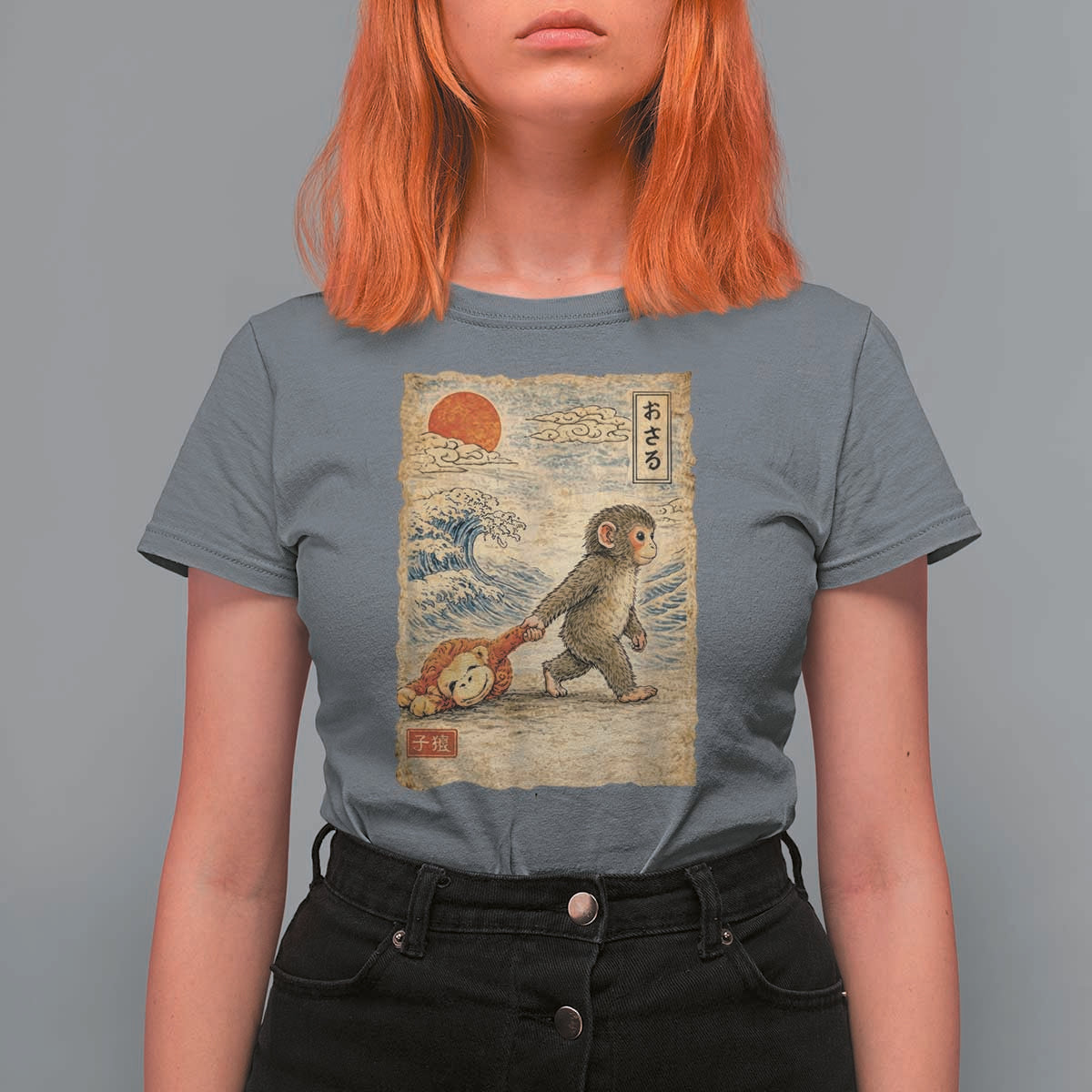 Baby Punch the Monkey Japanese Style Graphic T Shirt For Women Dragging Plush Toy Vintage Art Gift
