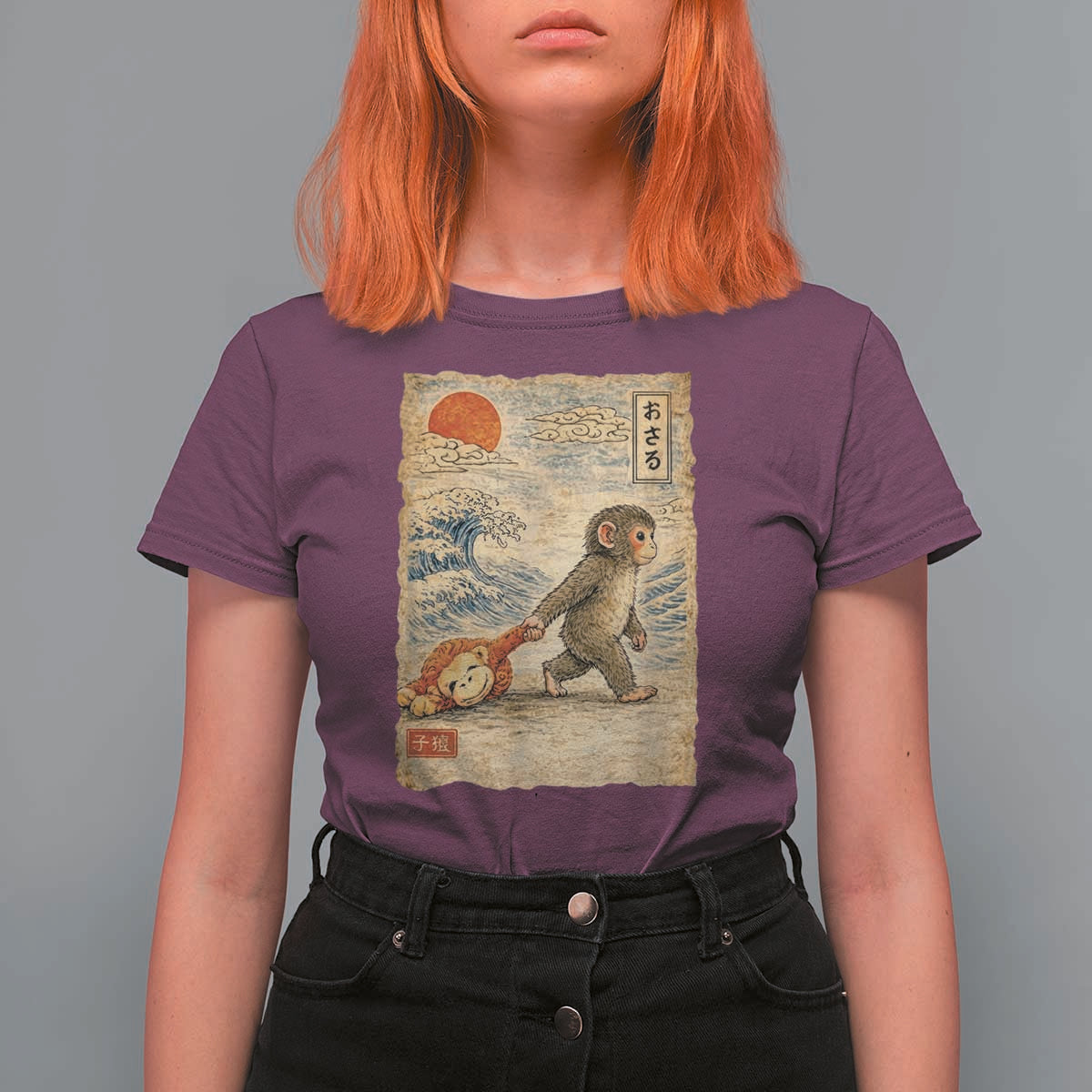 Baby Punch the Monkey Japanese Style Graphic T Shirt For Women Dragging Plush Toy Vintage Art Gift