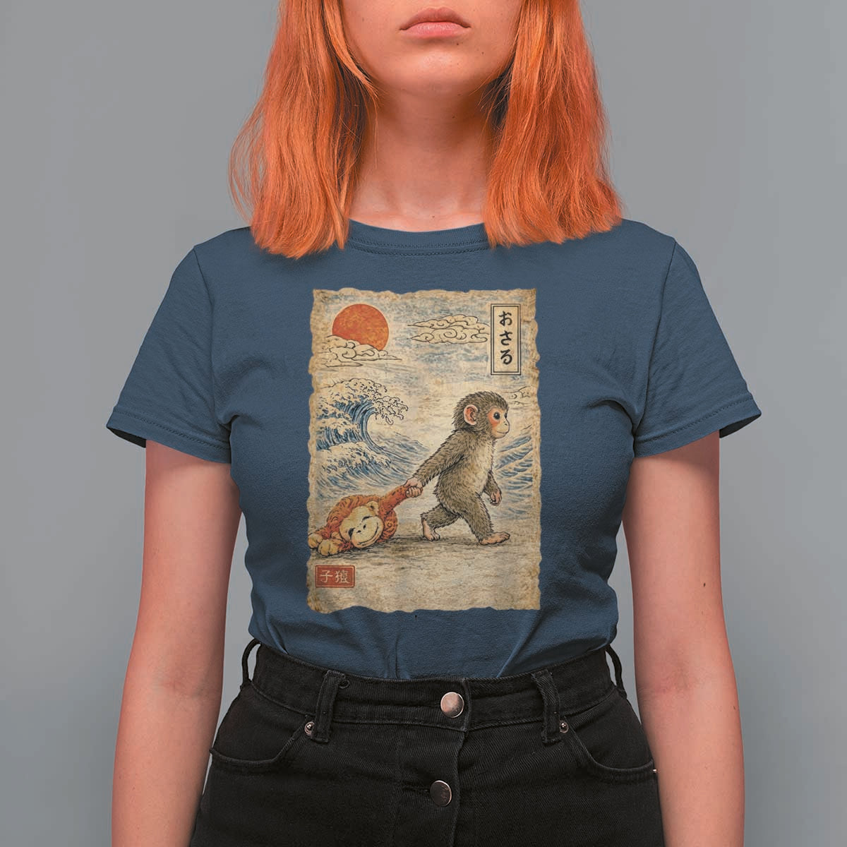 Baby Punch the Monkey Japanese Style Graphic T Shirt For Women Dragging Plush Toy Vintage Art Gift
