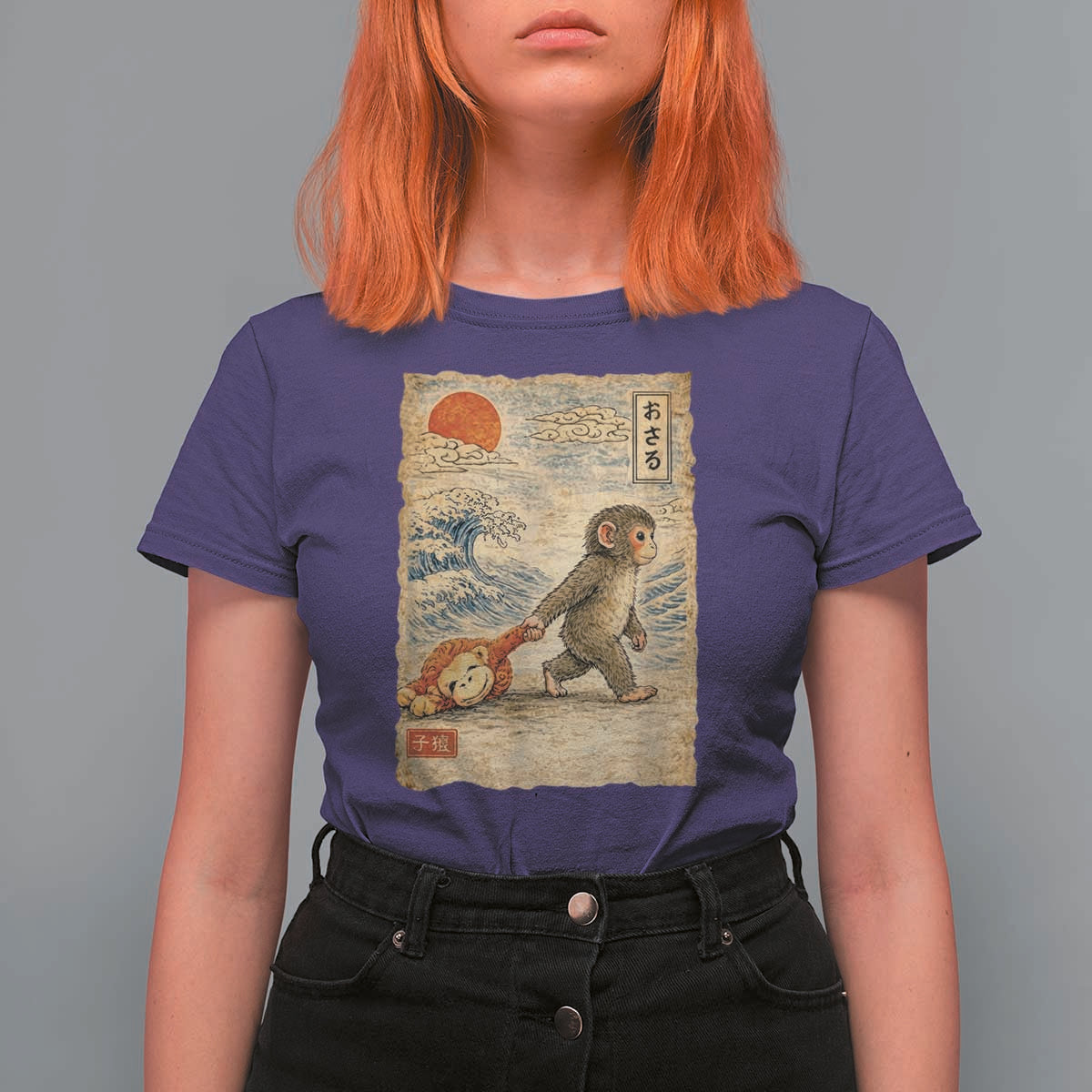 Baby Punch the Monkey Japanese Style Graphic T Shirt For Women Dragging Plush Toy Vintage Art Gift