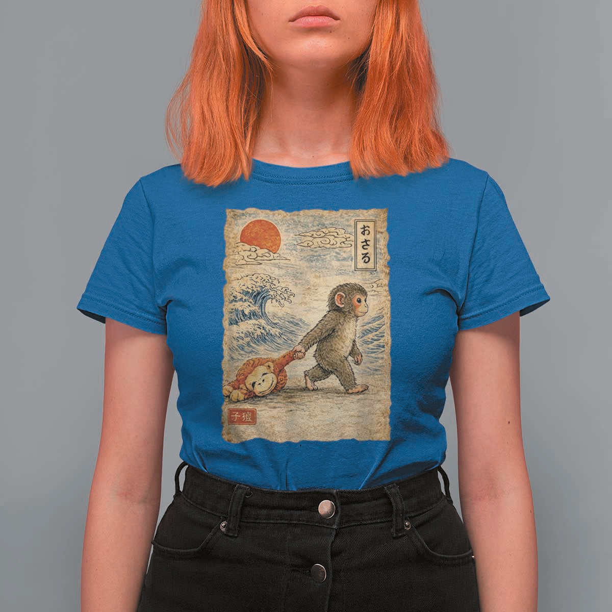 Baby Punch the Monkey Japanese Style Graphic T Shirt For Women Dragging Plush Toy Vintage Art Gift