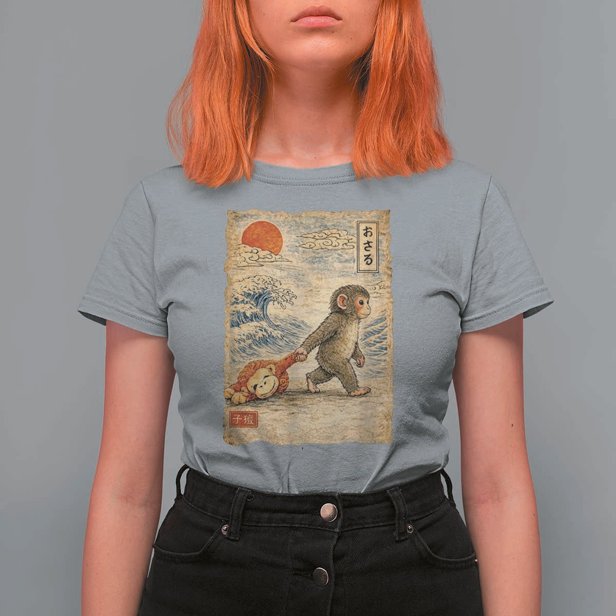 Baby Punch the Monkey Japanese Style Graphic T Shirt For Women Dragging Plush Toy Vintage Art Gift